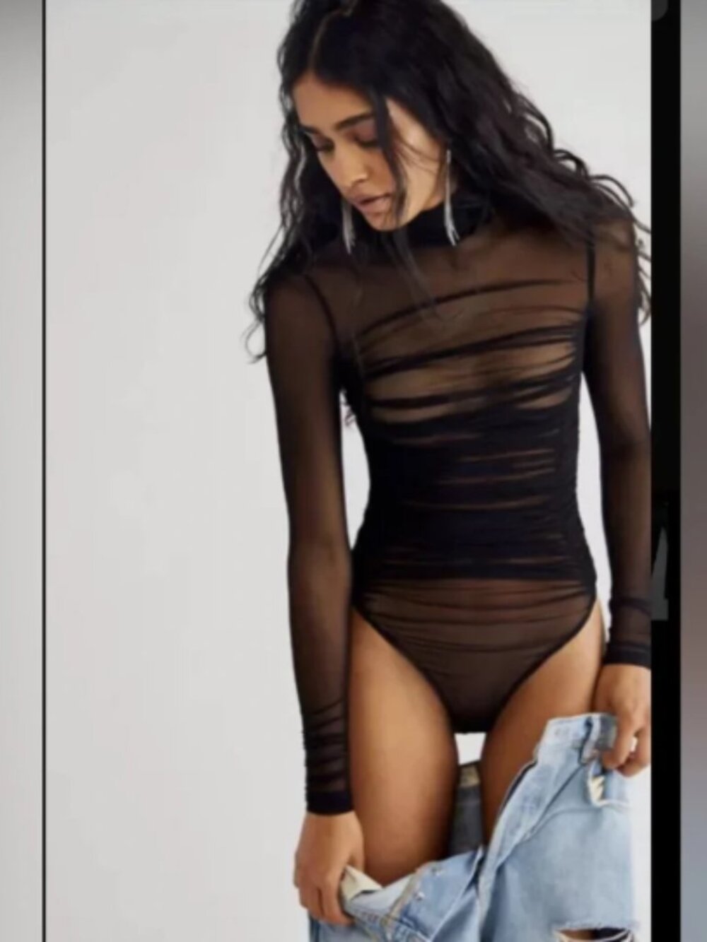 Free People Black Sheer Long-Sleeve Ruched Bodysuit